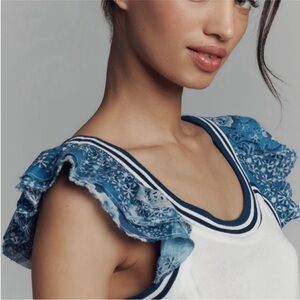 Pilcro Blue and White Ruffle Tank Top